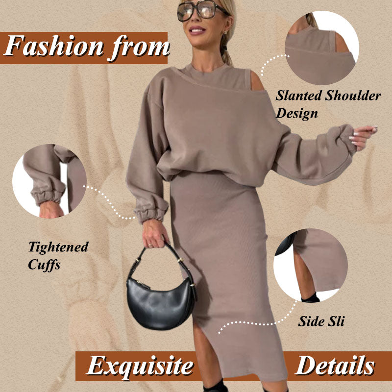 Women’s set with an asymmetrical shoulder, sweatshirt, and sleeveless dress