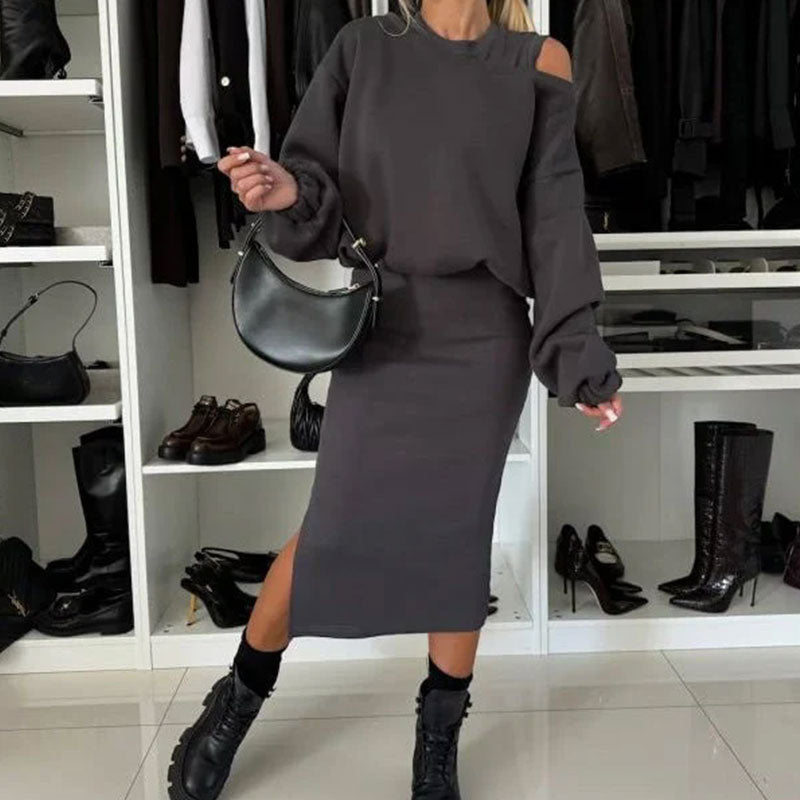 👗Damesset med skrå skulder, sweatshirt og ermeløs kjole