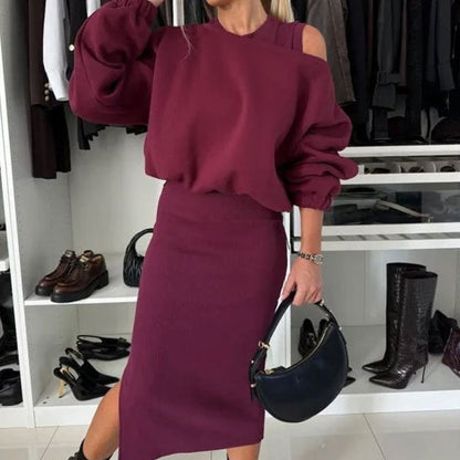 👗Damesset med skrå skulder, sweatshirt og ermeløs kjole