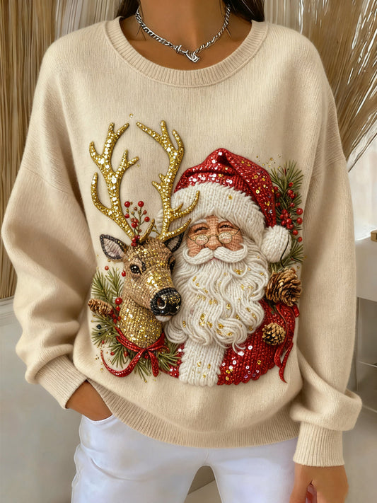 Vintage Pullover with Round Neck for Women with Santa Claus