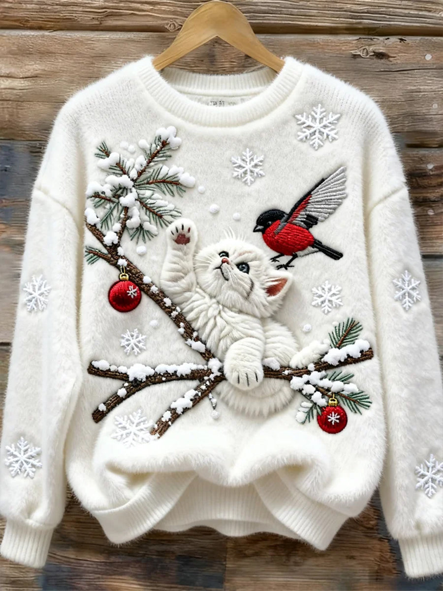 Women's Christmas Sweater with Cute Cat Art Print