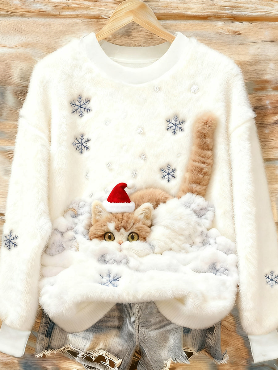 Stylish Christmas Cat Art Print Hoodie for Women - Casual Flannel