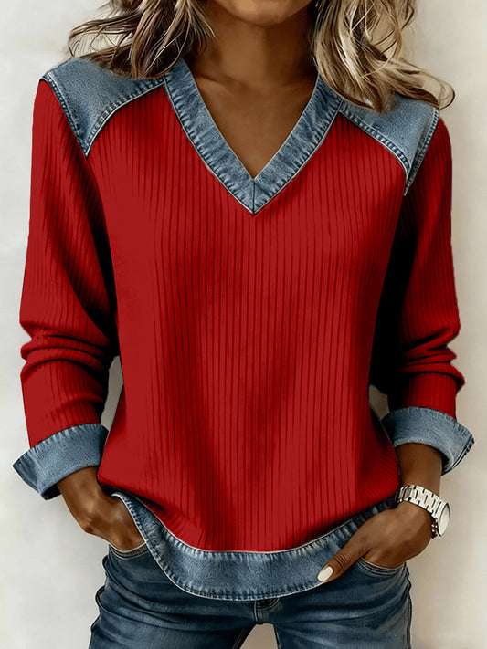 Women's Patchwork Top with V-Neck, Inspired by Christmas