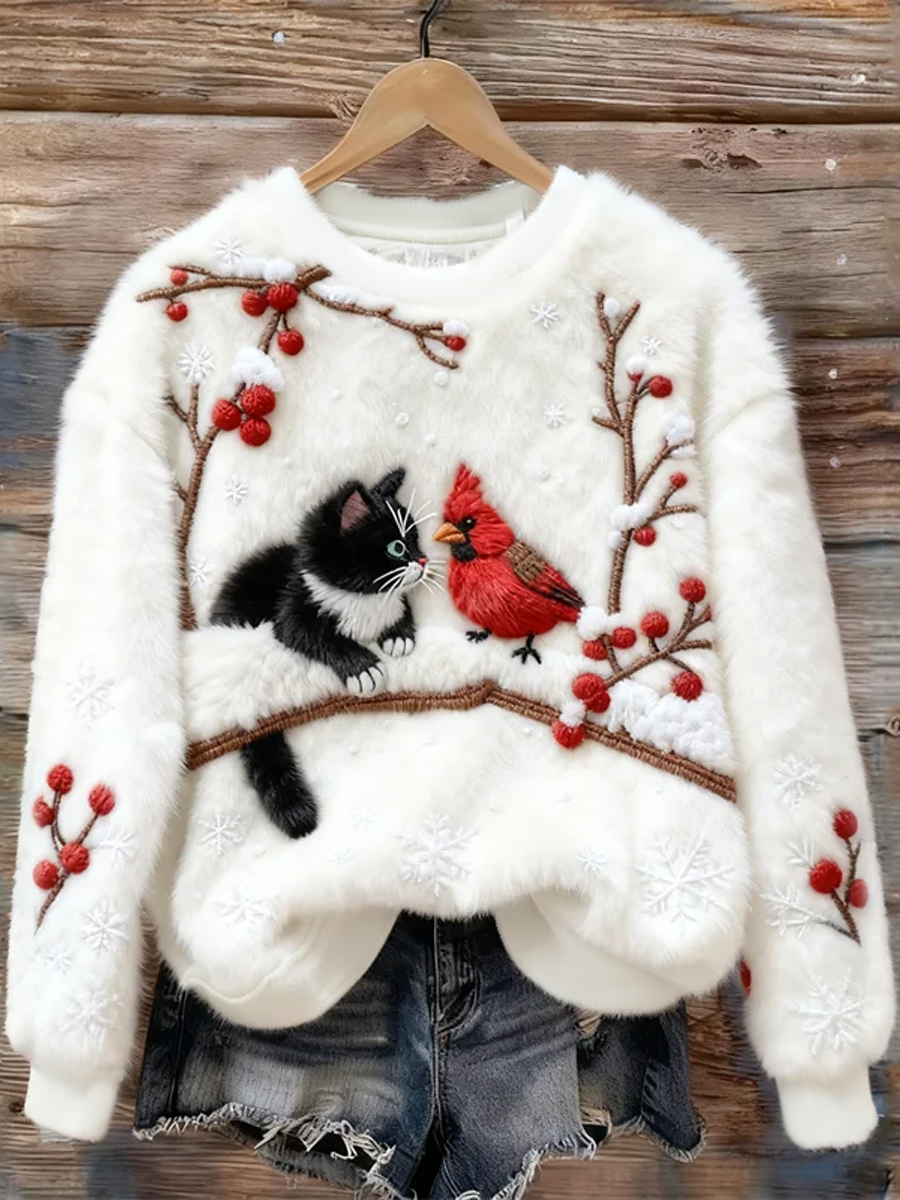 Women's Christmas Sweater with Cat Design in Fleece