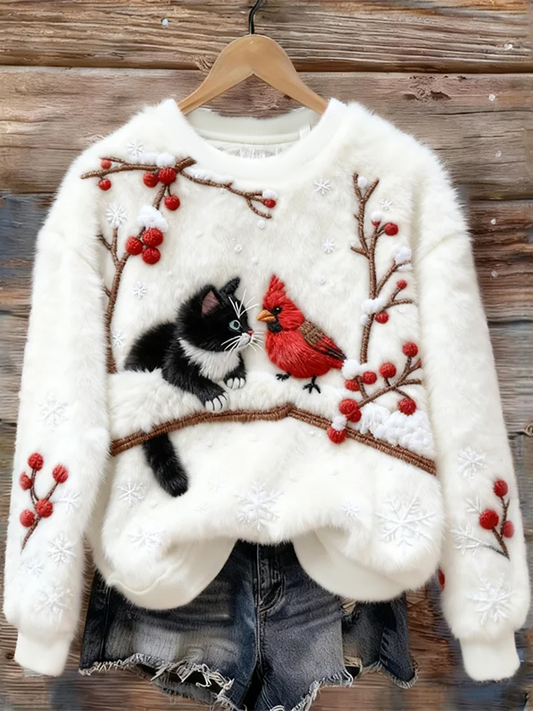 Women's Christmas Sweater with Cat Design in Fleece