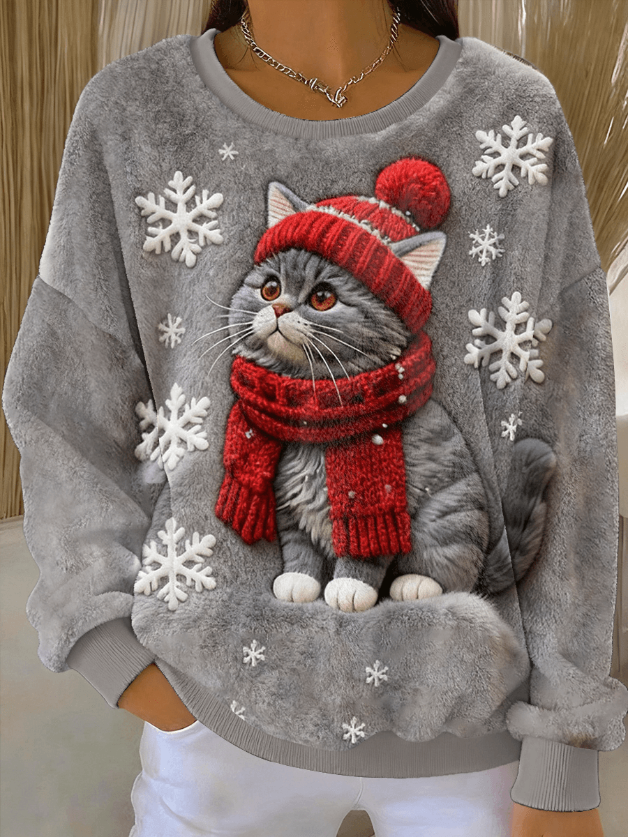 Women's Sweatshirt with Art Print of a Cute Christmas Cat