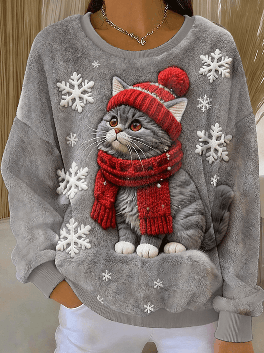 Women's Sweatshirt with Art Print of a Cute Christmas Cat