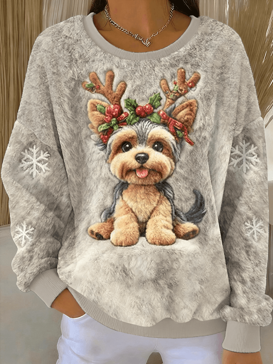 Women's Cozy Christmas Sweatshirt with Dog Art Print