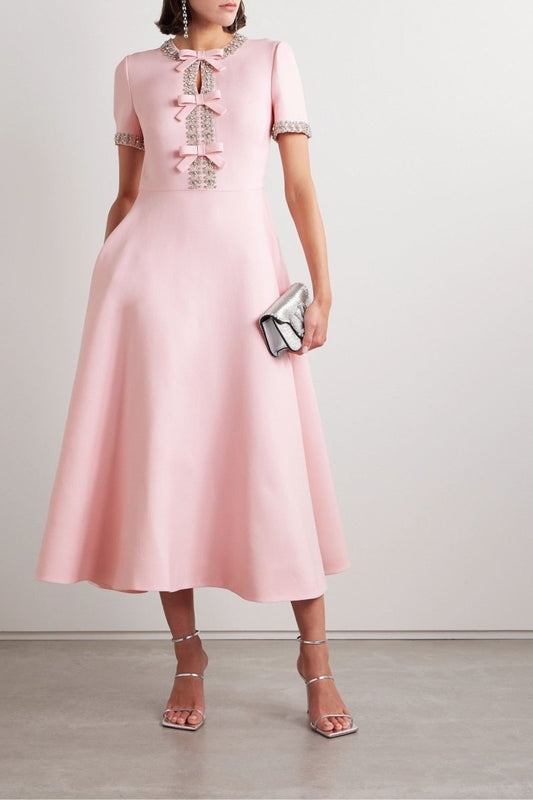 Zoe Pink Midi Dress with Bowknot and Crystal Accents